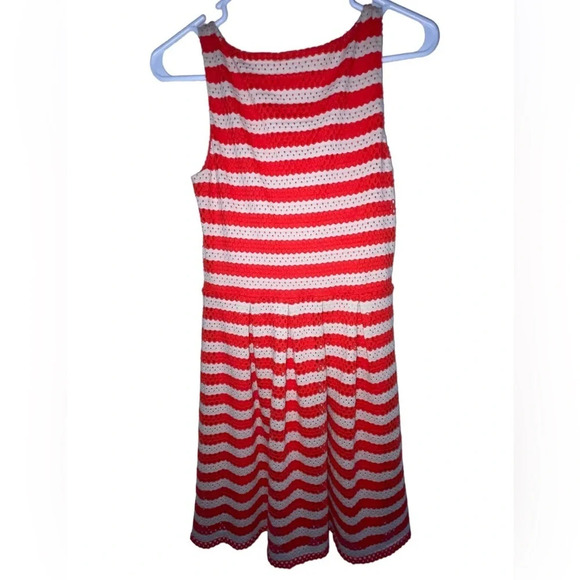 ELLE A-line Fit & Flare Dress Red White Striped Size 2 Eyelet Overlay Preppy - Picture 2 of 5